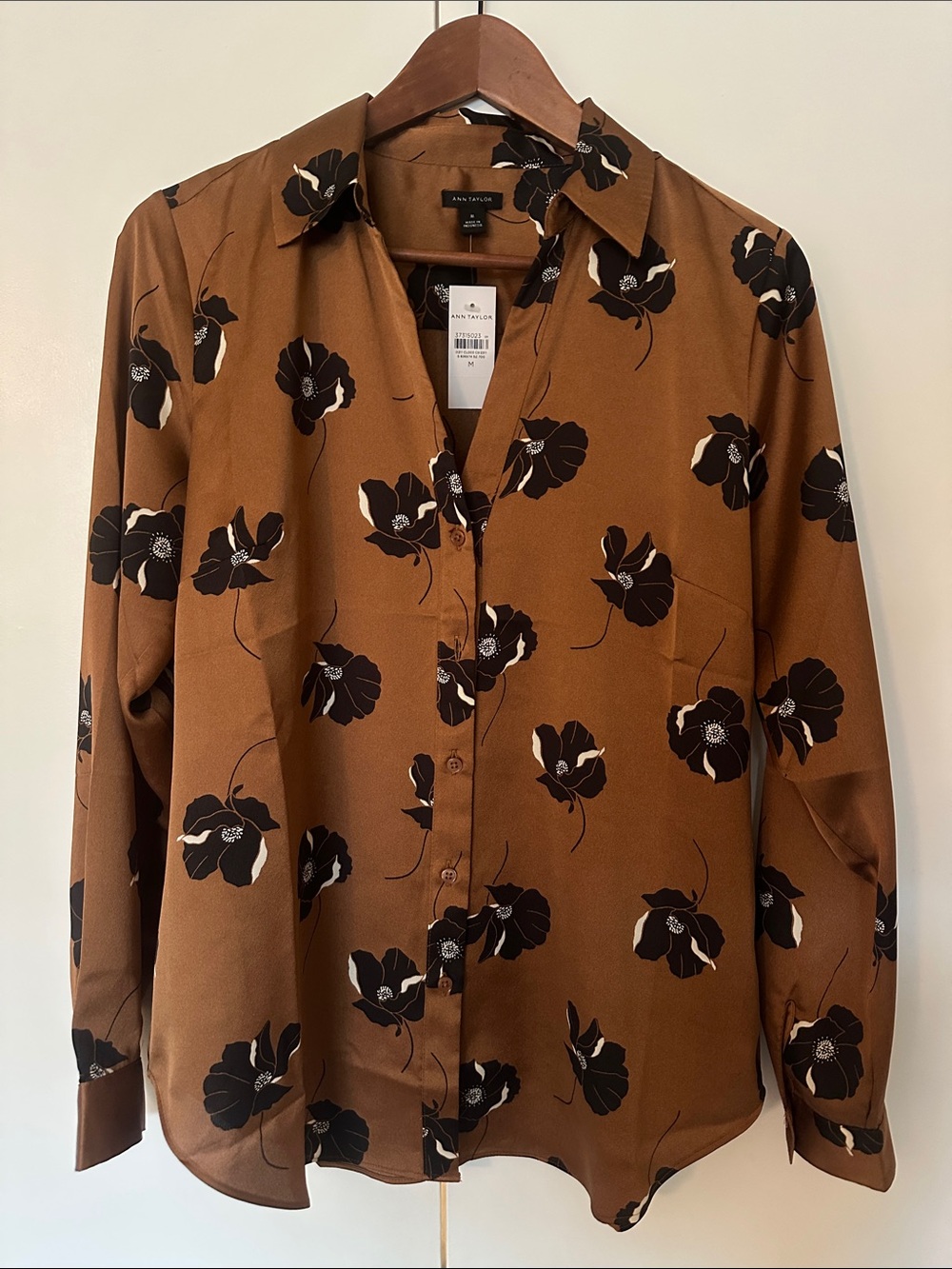 Ann Taylor Brown Button-Down Shirt with Black & Cream Floral Print